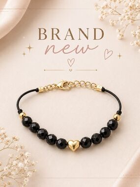 Black Beaded Heart Bracelet Gold Accent